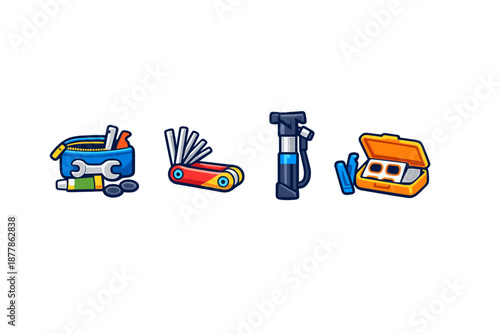 Cycling repair kit and tools icons on dark background