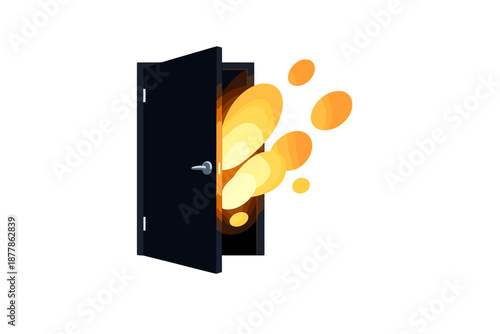 Open door with bright orange light and glowing orbs