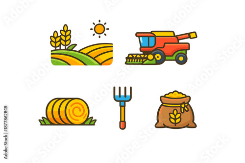 Farm Icons: Field, Combine, Hay Bale, Pitchfork, Grain Bag