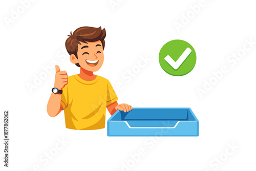 Happy boy giving thumbs up next to an inbox tray