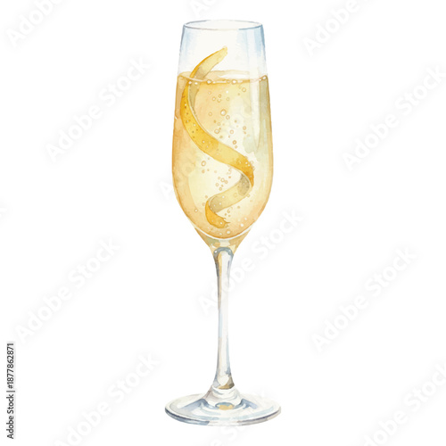 French 75 Riviera Watercolor Illustration, Elegant Champagne Gin Cocktail, Hand Painted Vector Isolated on White
