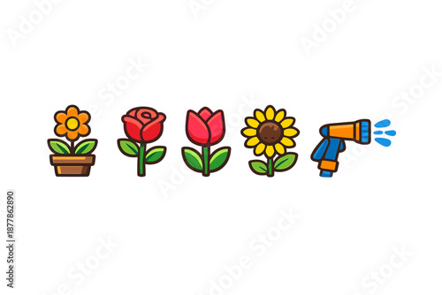 Gardening icons: flowers and watering can