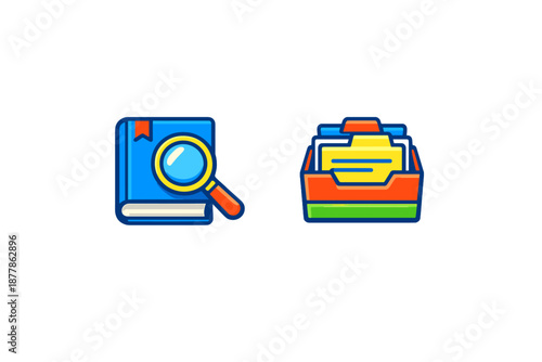 Book with magnifying glass and inbox icons, blue and orange