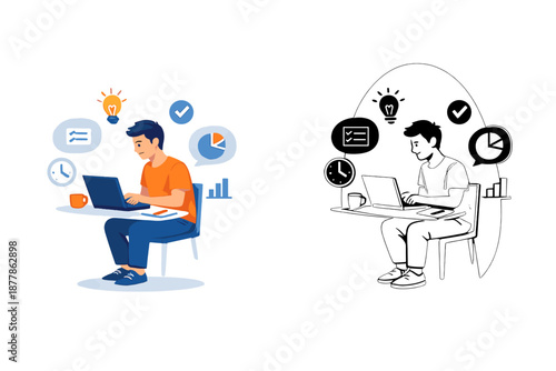 Man working on laptop with icons representing productivity and ideas