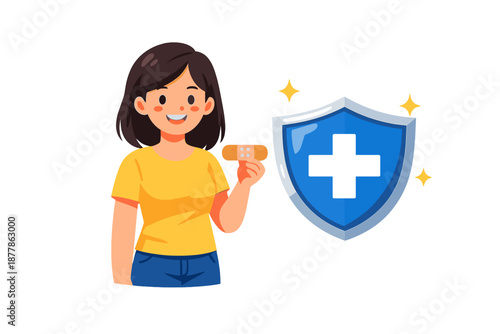 Woman with a band-aid and a medical shield icon