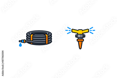 Garden hose and sprinkler with water drops and spray