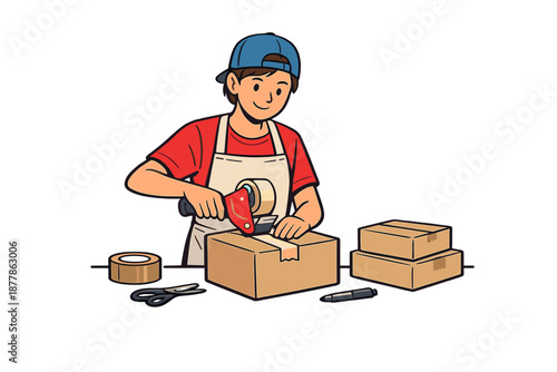 Person packing boxes with tape dispenser, scissors, and marker
