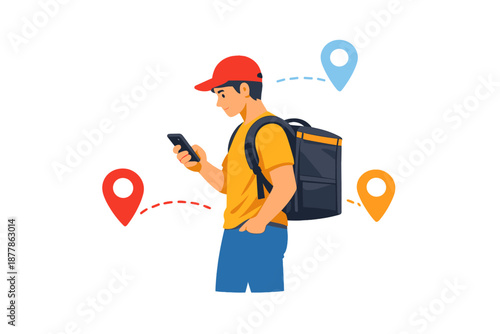 Delivery person using smartphone with navigation pins