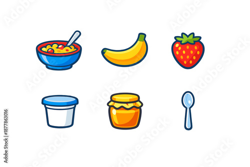 Healthy Breakfast Icons: Cereal, Banana, Strawberry, Yogurt, Honey
