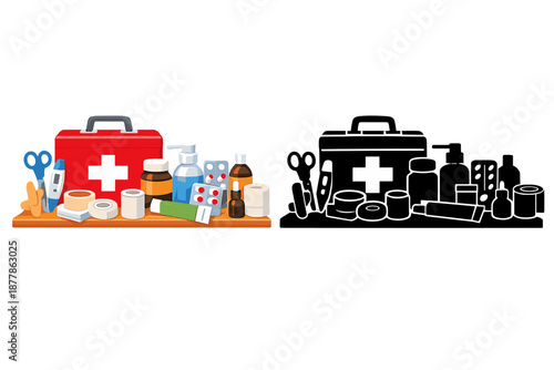 First aid kit and medical supplies on a shelf