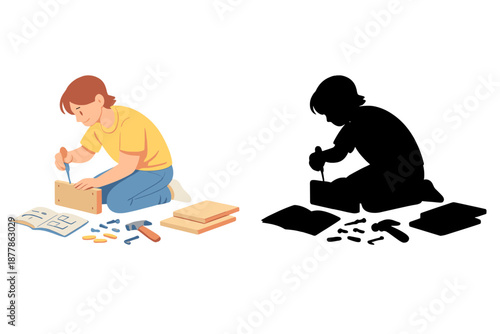 Person assembling furniture with instructions and tools