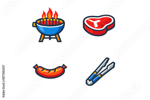 Barbecue Icons: Grill, Steak, Sausage, and Tongs