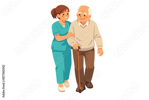 Nurse assisting an elderly man walking with a cane