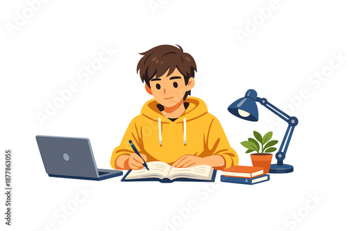 Young person studying at a desk with a laptop and lamp