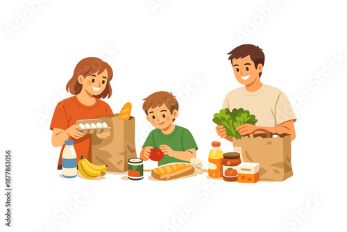 Family unpacking groceries, healthy food and shopping bags