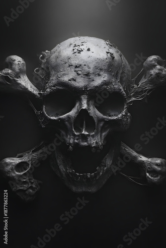 Surreal pirate skull and crossbones on a deep black background with dark fantasy atmosphere