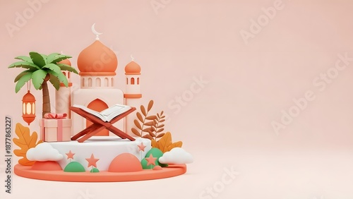 Islamic 3d illustration with mosque, palm tree and lanterns on beige background