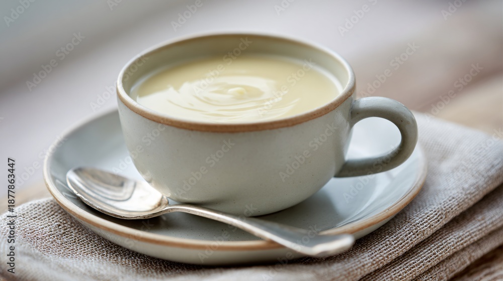 Fototapeta premium Parsnip soup served in a handleless cup, clean lines, Scandinavian minimalist aesthetic