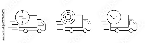 Delivery service line icons. Delivery truck. Logistics delivery flat icons set. Express delivery. Fast shipping. Shipment of goods, tracking, approved parcel.