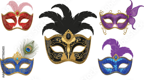 Venetian Carnival Mask Illustration Set with Decorative Feathers and Ornamental Details for Festival, Party, Masquerade, and Vector Designs