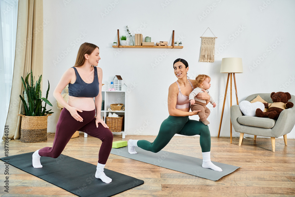 Obraz premium Mom and coach enjoy a fitness session while caring for child at home