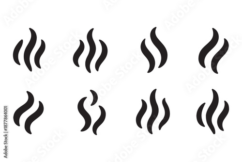 Smoke steam icon vector logo set. Smoke smell, steam aroma heat icon illustration. Hot vapor fire doodle line logo. Hit stink, coffee, fragrance flame elements. Vector illustration.