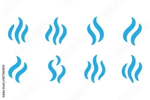 Smoke steam icon vector logo set. Smoke smell, steam aroma heat icon illustration. Hot vapor fire doodle line logo. Hit stink, coffee, fragrance flame elements. Vector illustration.