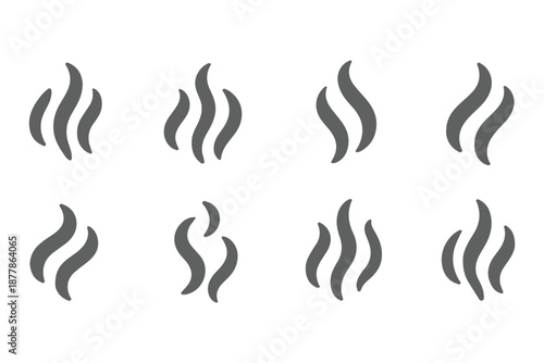 Smoke steam icon vector logo set. Smoke smell, steam aroma heat icon illustration. Hot vapor fire doodle line logo. Hit stink, coffee, fragrance flame elements. Vector illustration.