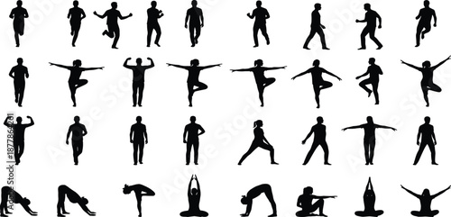 Large collection of human silhouettes performing various fitness activities including running, yoga poses, stretching, and athletic exercises on white background