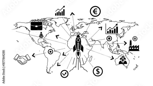 Global Business Growth with Rocket Illustration.