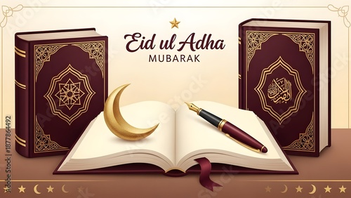 Eid ul adha mubarak greeting card with book and crescent moon on table with two books