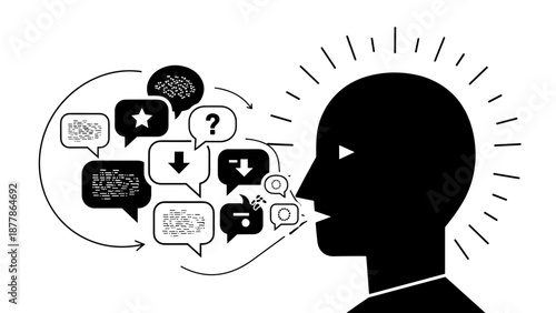 Man Silhouette with Thought Bubbles and Ideas.