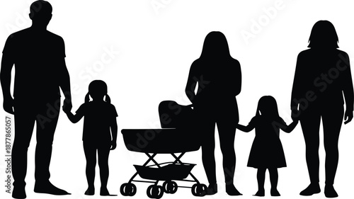 Silhouette of a happy multi-generational family with parents, children, grandmother, and a baby stroller walking together on a white background