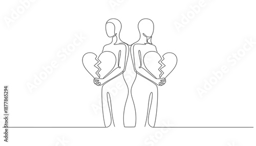 Two people holding broken hearts. Concept of sadness and loss. The broken hearts symbolize the pain and heartbreak that the two people are experiencing