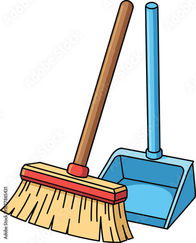 Cartoon broom and dustpan illustration, household cleaning tools vector, sweeping equipment design, floor debris collection, domestic chores, flat vector illustration