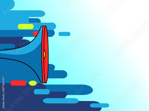 Flat vector illustration of a megaphone on a blue abstract background with copy space for announcements and marketing.