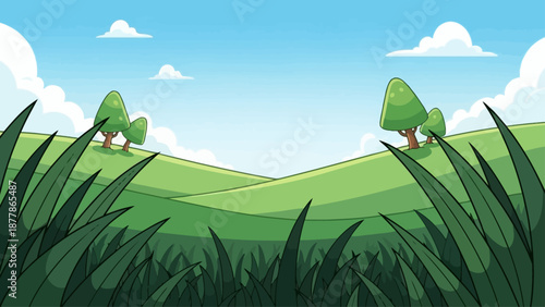 Cartoon rolling hills with trees and grass under a blue sky.