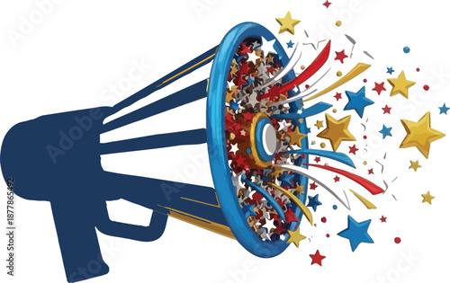 Vibrant megaphone with colorful confetti and stars