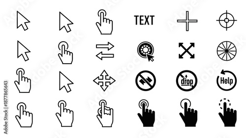 A collection of modern UI mouse cursors and interactive gesture icons.
