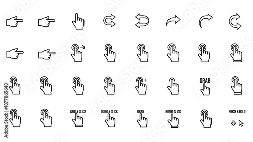 Set of various user interface hand gesture and cursor interaction line icons.