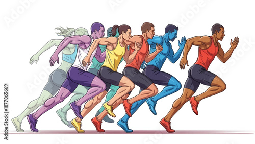 Diverse group of athletes sprinting in an energetic race illustration