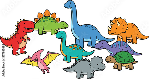 Cartoon dinosaur collection illustration, Tyrannosaurus Stegosaurus Brachiosaurus Triceratops Parasaurolophus Pteranodon Ankylosaurus reptile, educational kids design, flat vector illustration