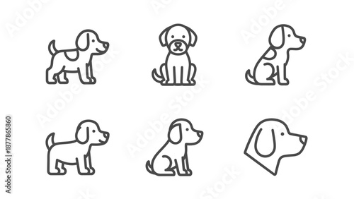 Set of various dog and puppy line art icons in different poses