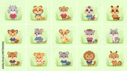 Collection of cute cartoon animals in suits and vests on green background.