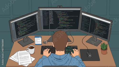 Software developer working on multiple screens in a modern, productive workspace.