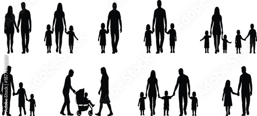 Vector collection of diverse family silhouettes walking together with children, strollers, and couples, depicting happy parenting and active family lifestyles