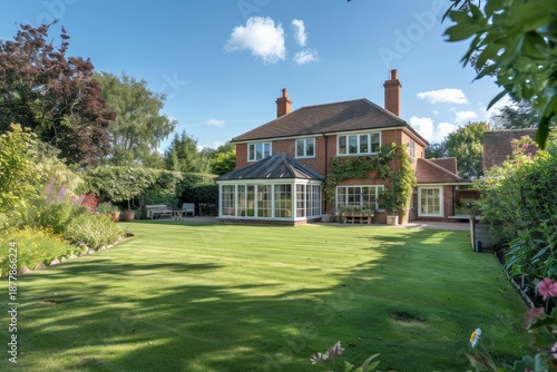 Beautiful red brick english detached house with garden room extension and landscaped garden in summer © juliars