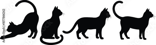 Black cat silhouette illustrations showing different poses, perfect for Halloween themes, pet designs, animal graphics, crafting projects, and modern minimalist feline artwork.