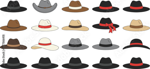 Vector collection of diverse hat styles including fedoras, cowboy hats, sun hats, and elegant wide brim headwear for fashion design