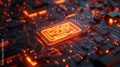 Cybercore Symphony: Illuminated circuit board pulsates with vibrant energy, symbolizing technological innovation and the intricate architecture of the digital age.